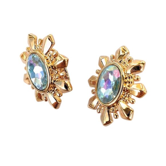Avon Vintage 80's Blue Starburst Simulated Aquamarine Clip On Earrings Gold Tone - Picture 1 of 8